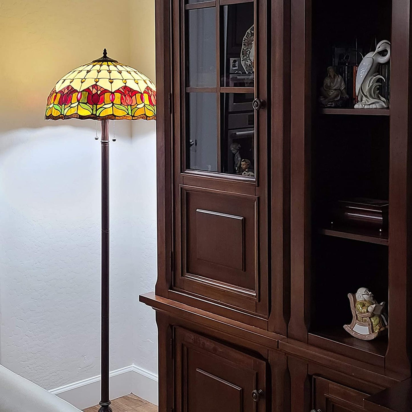 62" Brown Two Light Traditional Shaped Floor Lamp With Red Flowers Stained Glass Dome Shade