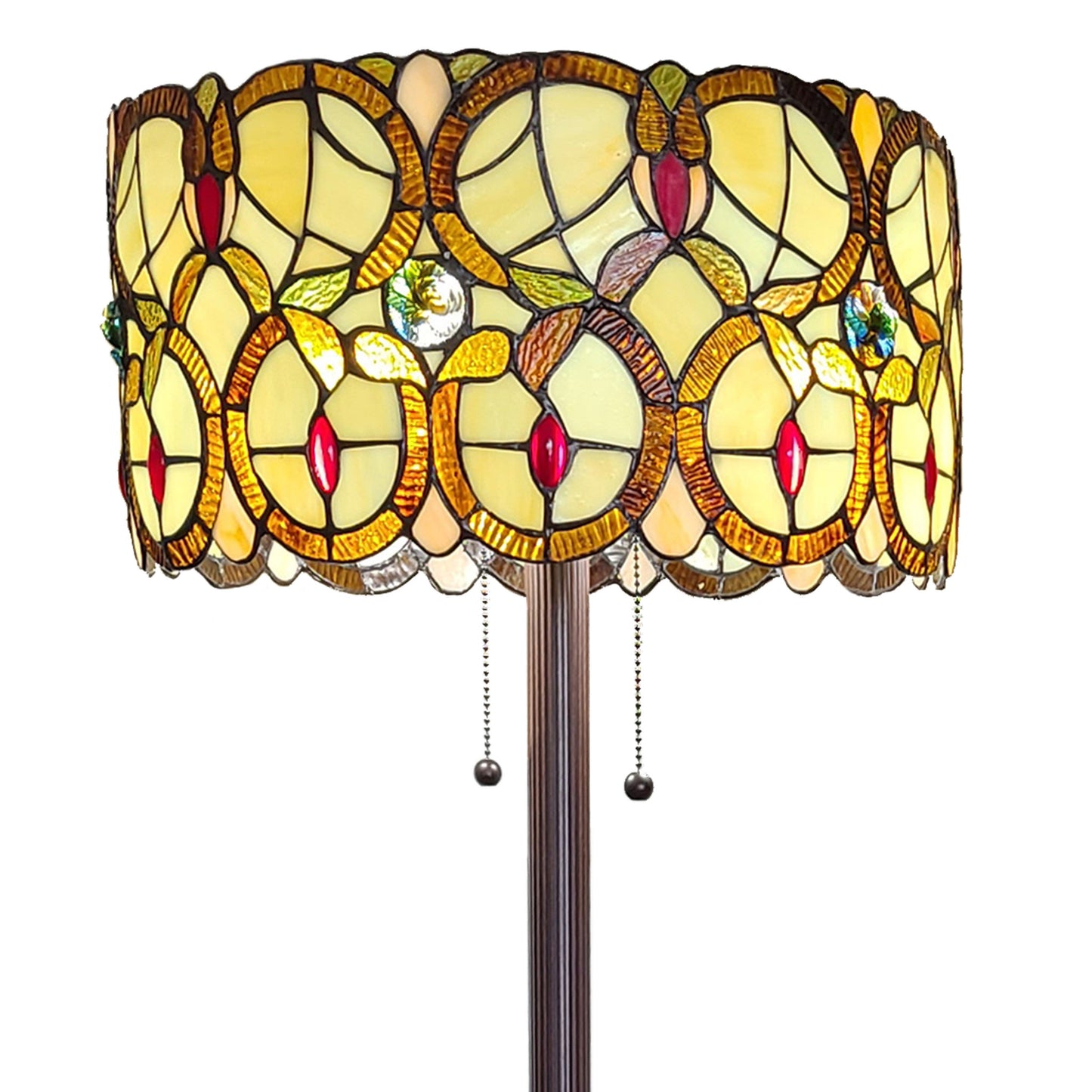 63" Brown Two Light Traditional Shaped Floor Lamp With Brown And White Stained Glass Drum Shade