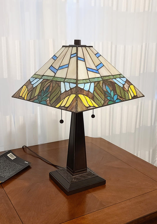 23" White and Aqua Stained Glass Two Light Mission Style Table Lamp