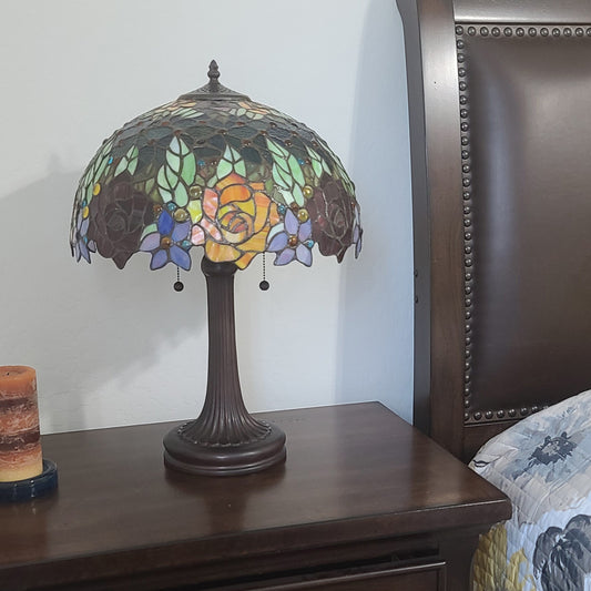 23" Stained Glass Two Light Jeweled Flowery Accent Table Lamp