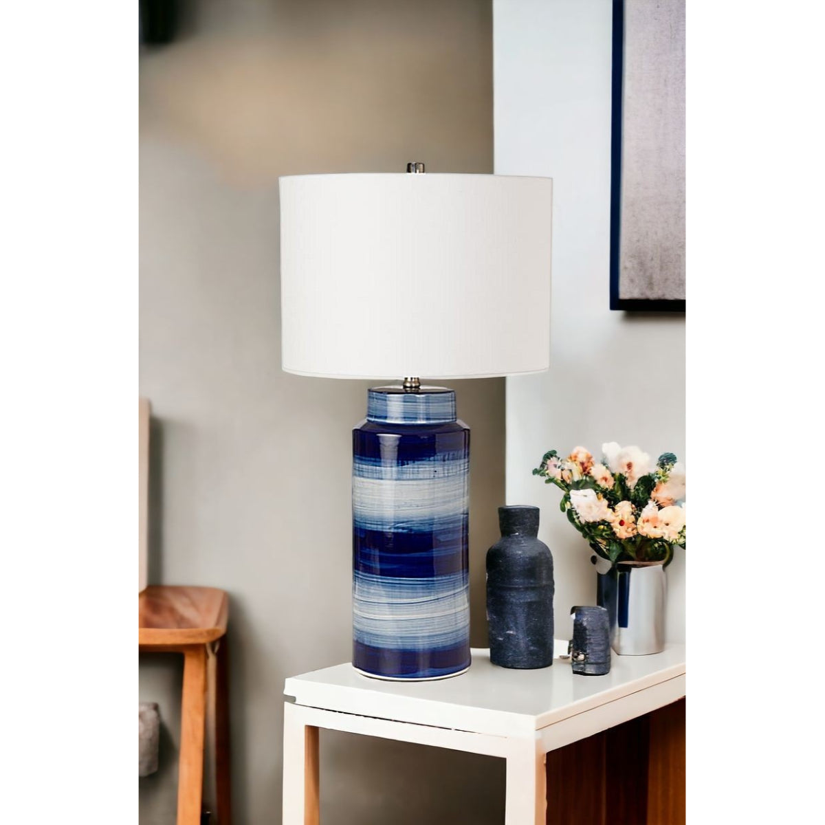 Set of Two 30" Blue And White Swirl Ceramic Table Lamps With White Shade