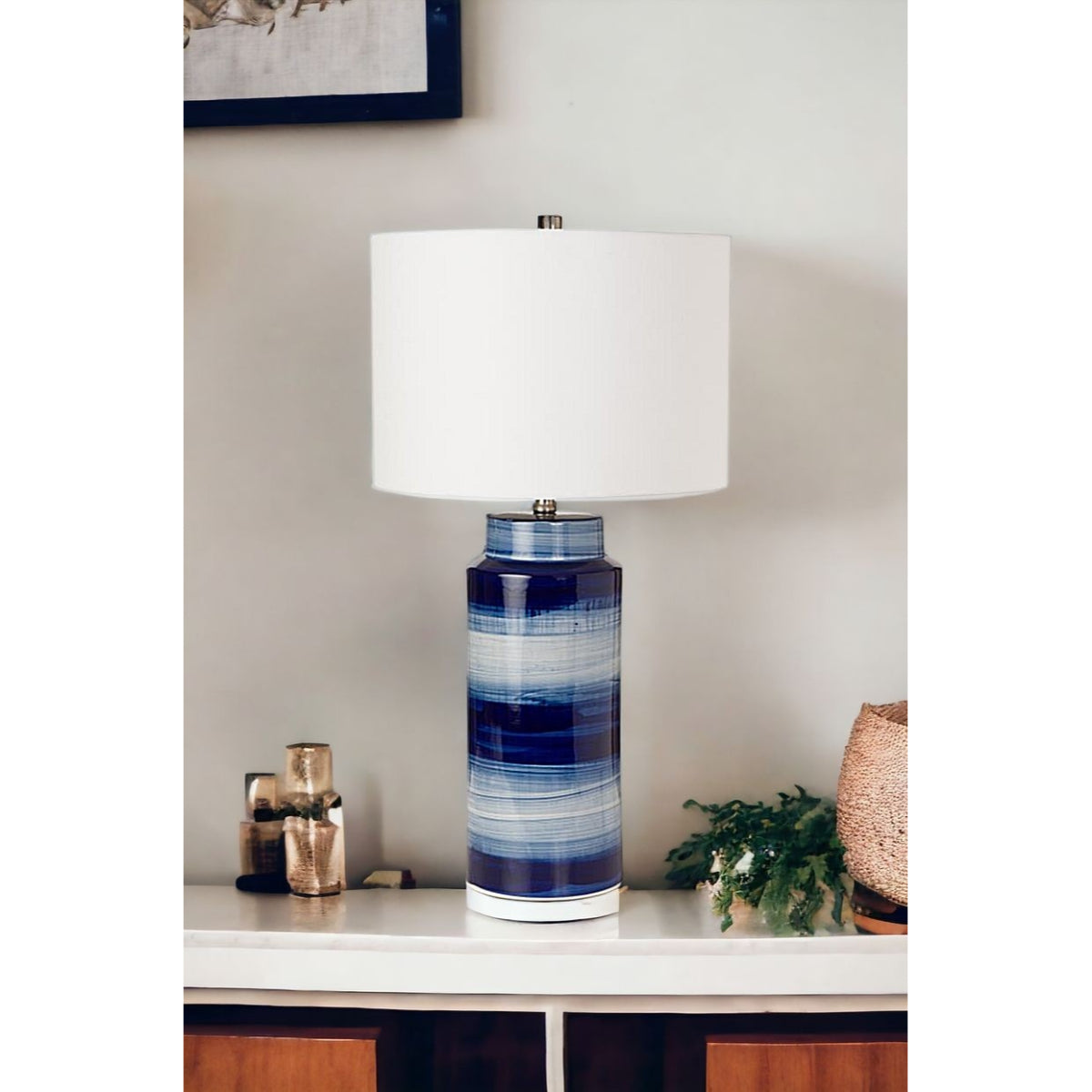 Set of Two 30" Blue And White Swirl Ceramic Table Lamps With White Shade