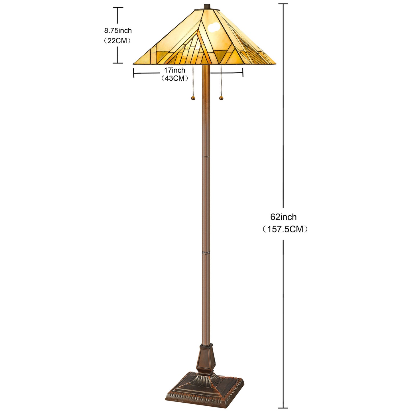 62" Brown Two Light Traditional Shaped Floor Lamp With Beige And Brown Geometric Stained Glass Empire Shade