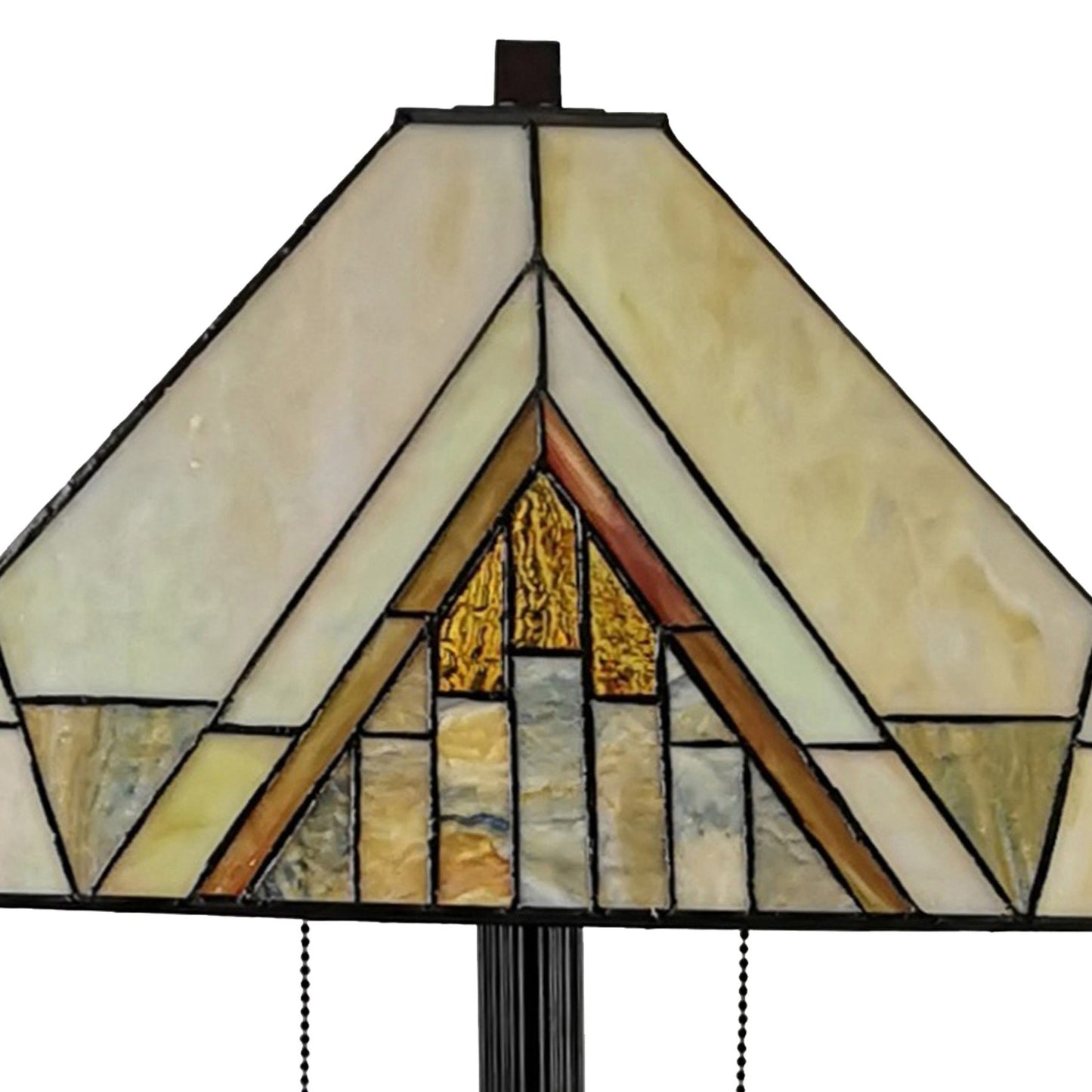 62" Brown Two Light Traditional Shaped Floor Lamp With Beige And Brown Geometric Stained Glass Empire Shade