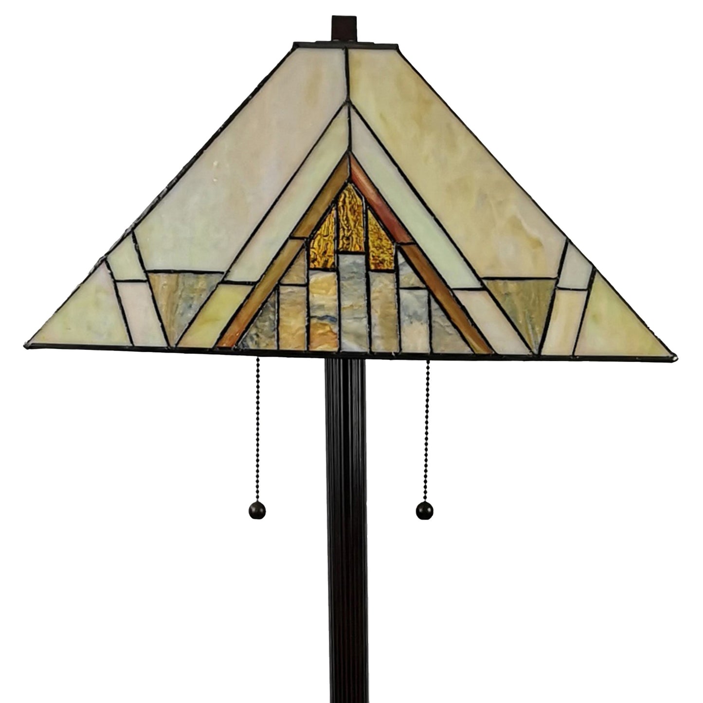 62" Brown Two Light Traditional Shaped Floor Lamp With Beige And Brown Geometric Stained Glass Empire Shade