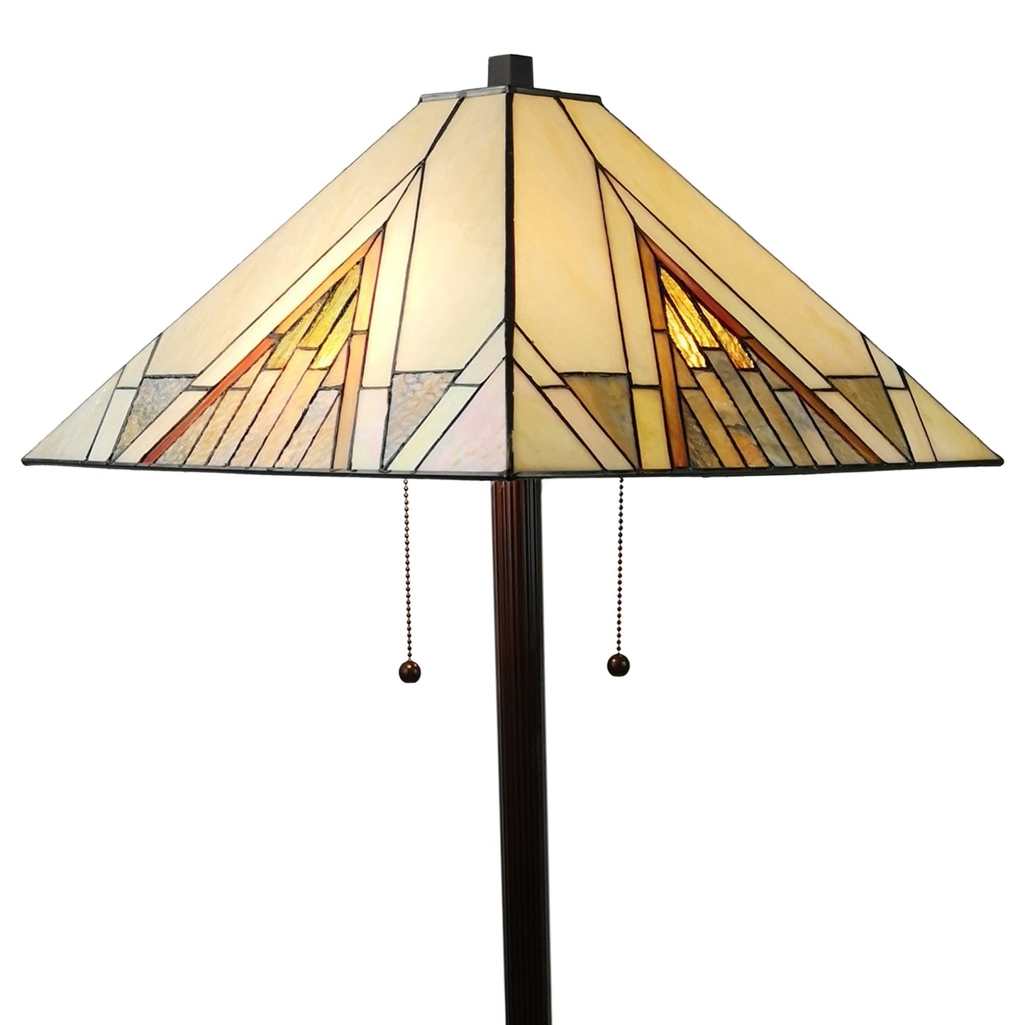 62" Brown Two Light Traditional Shaped Floor Lamp With Beige And Brown Geometric Stained Glass Empire Shade