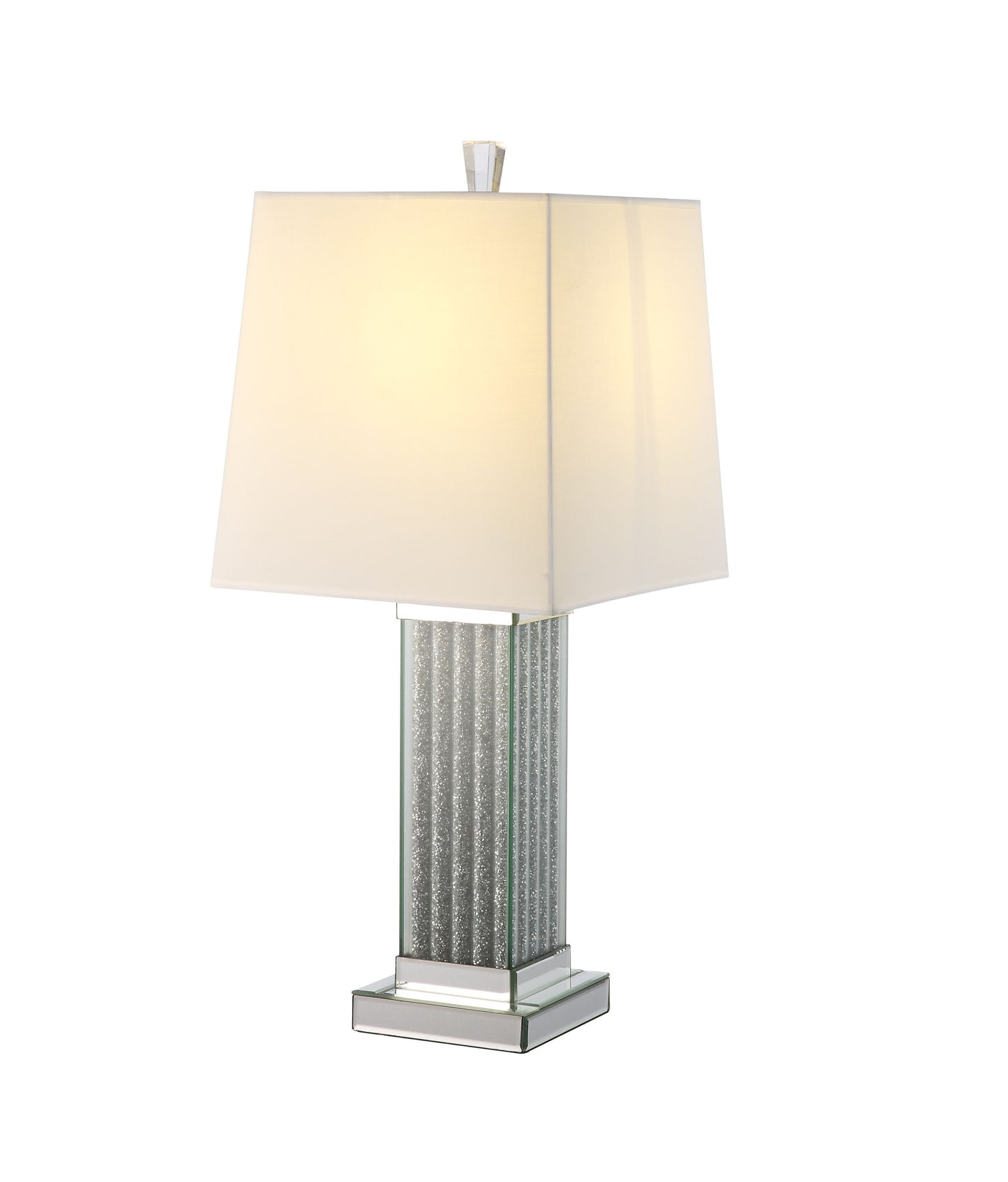 30" Mirrored Glass and Faux Stone Column Table Lamp With White Square Shade