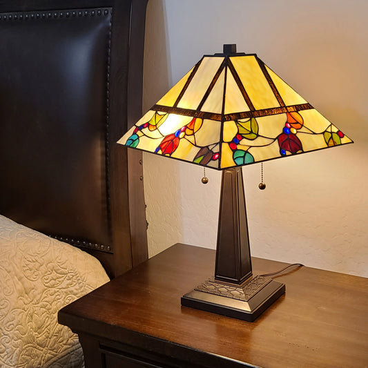 23" Cream and Jewel Stained Glass Two Light Mission Style Table Lamp