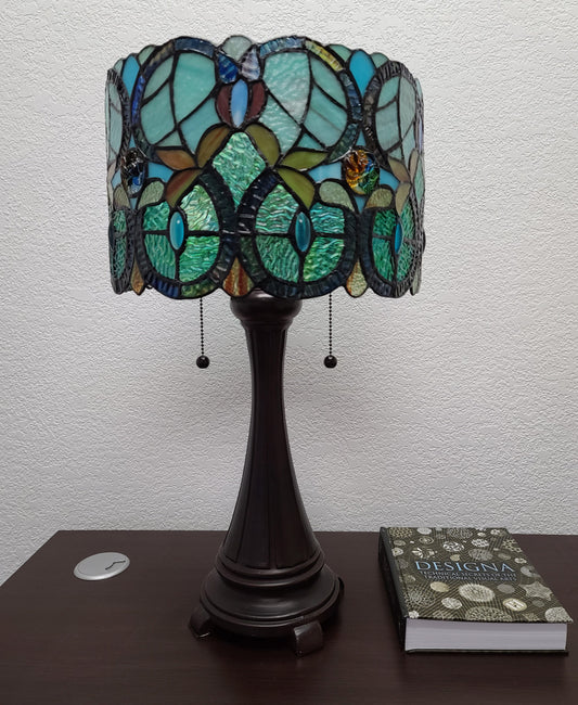 21" Stained Glass Two Light Jeweled Floral Drum Table Lamp