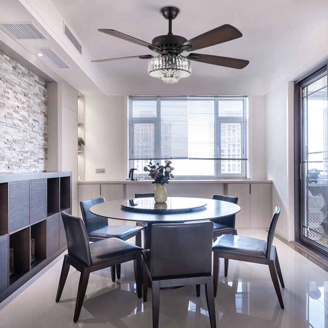 Dark Brown Wooden and Faux Crystal Chandelier Ceiling Fan