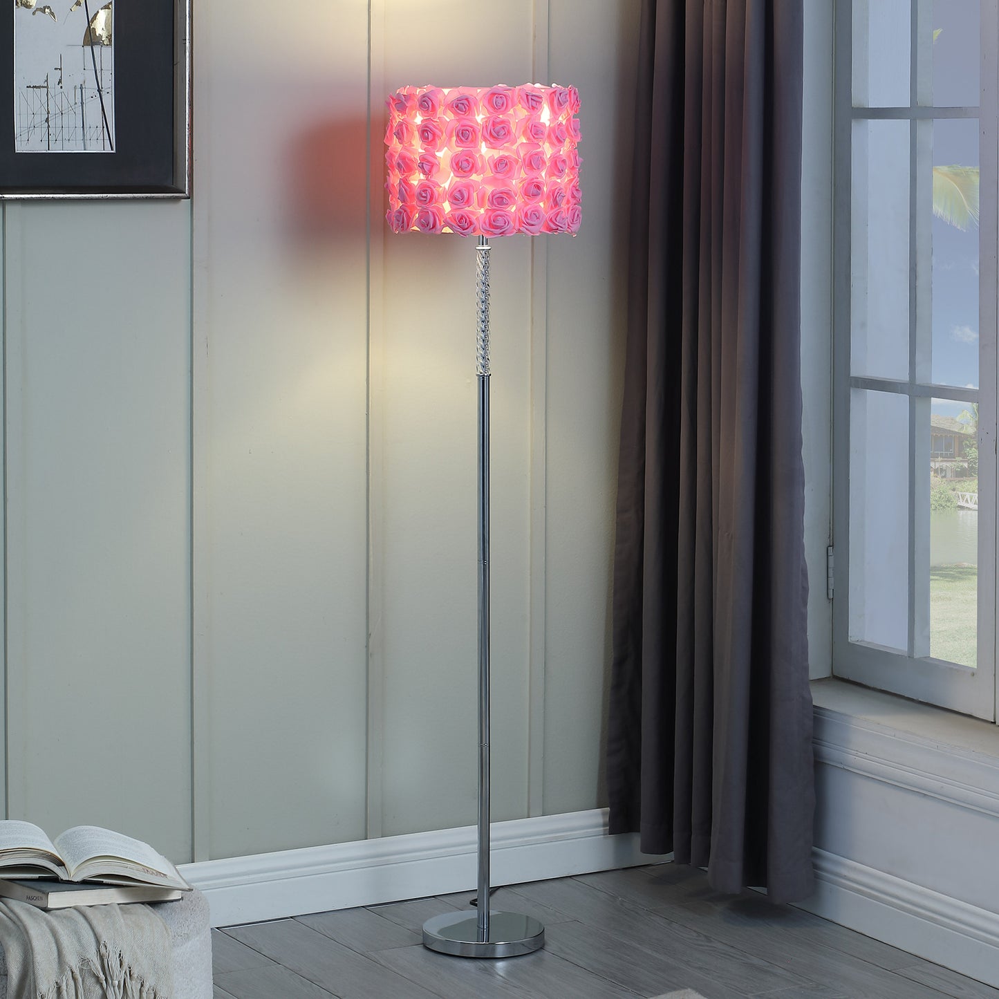 63" Steel Traditional Shaped Floor Lamp With Pink Drum Shade