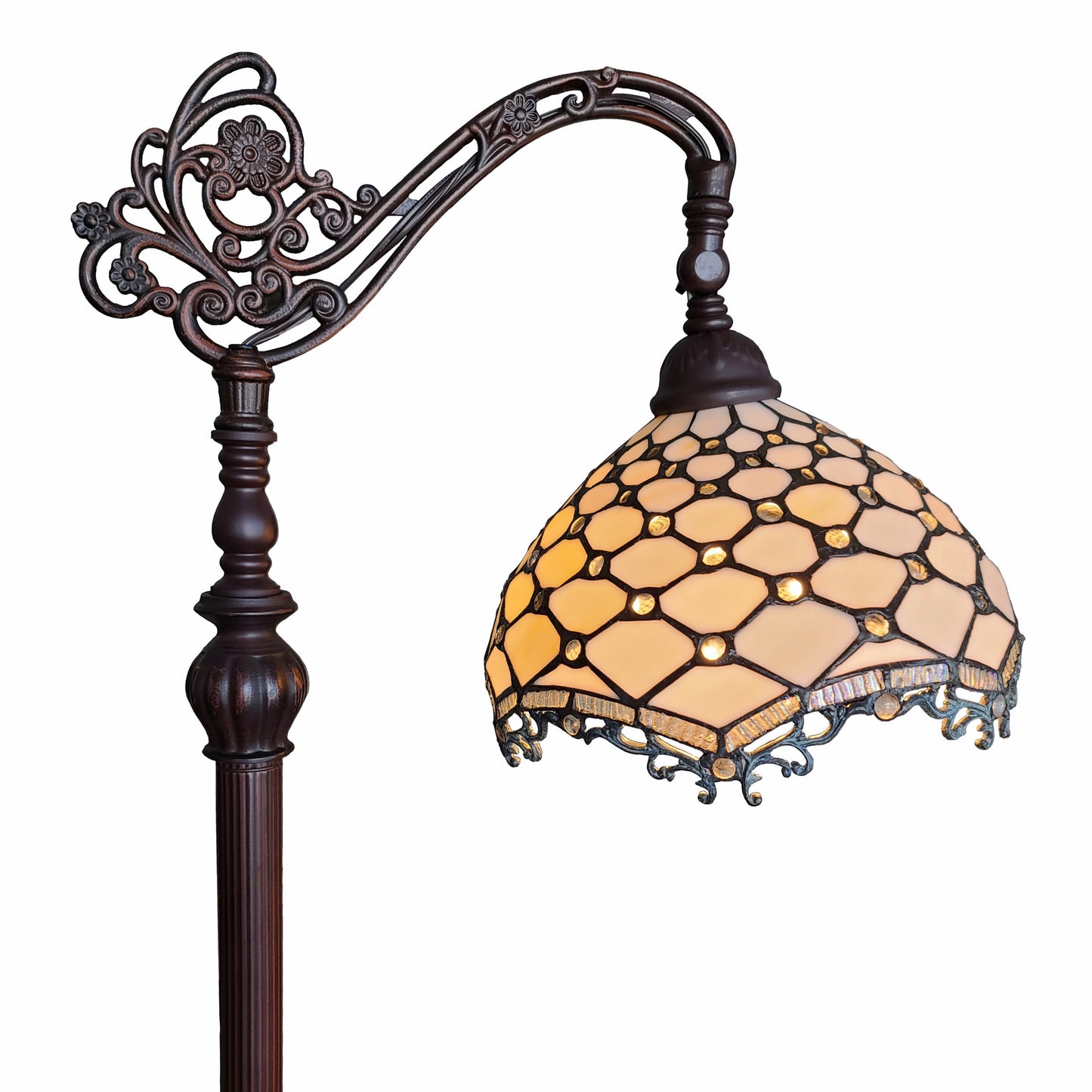 62" Brown Traditional Shaped Floor Lamp With White Tiffany Glass Bowl Shade