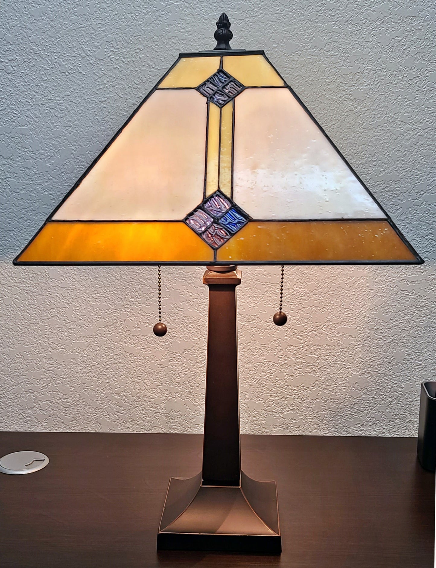 21" Amber Cream and Blue Stained Glass Two Light Mission Style Table Lamp