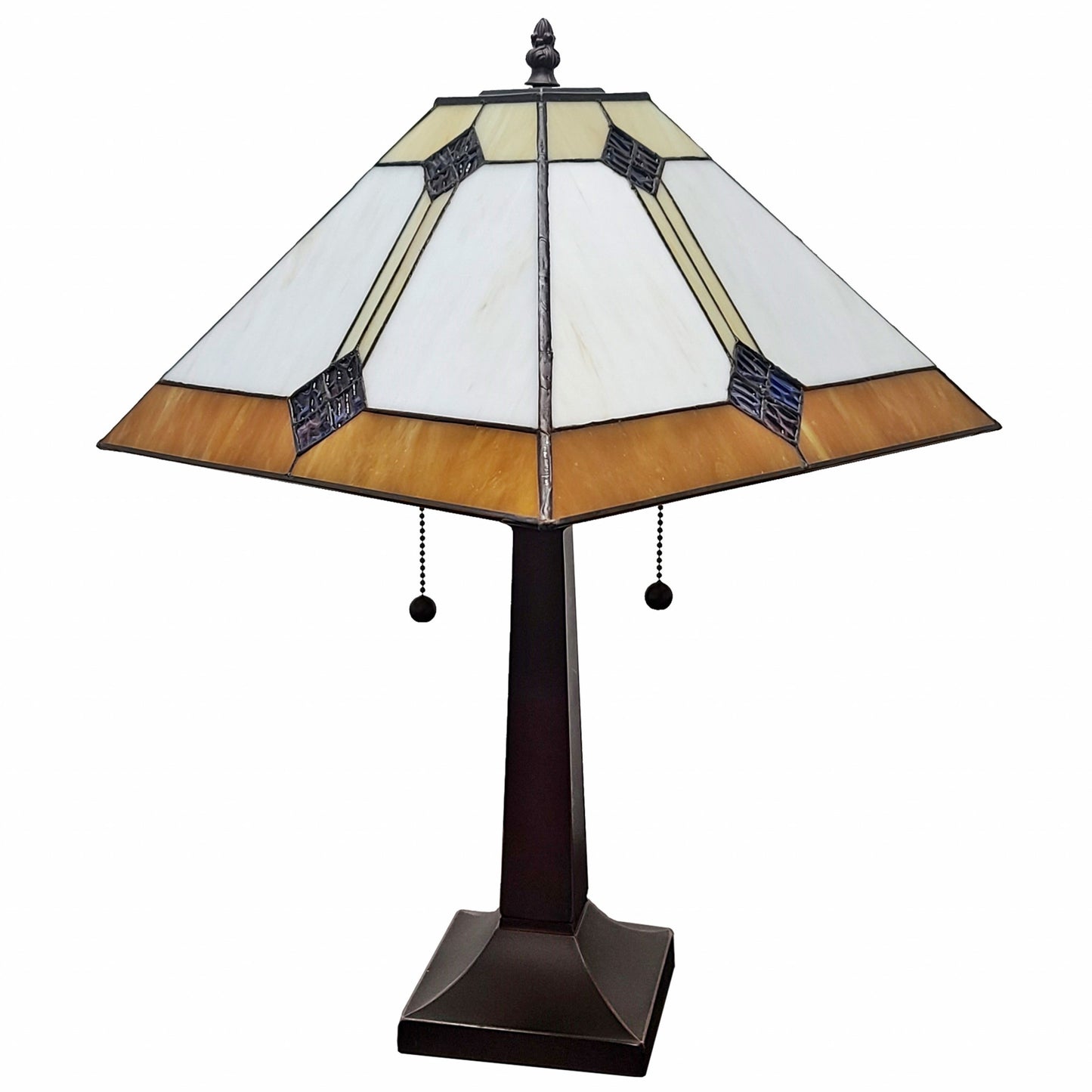 21" Amber Cream and Blue Stained Glass Two Light Mission Style Table Lamp