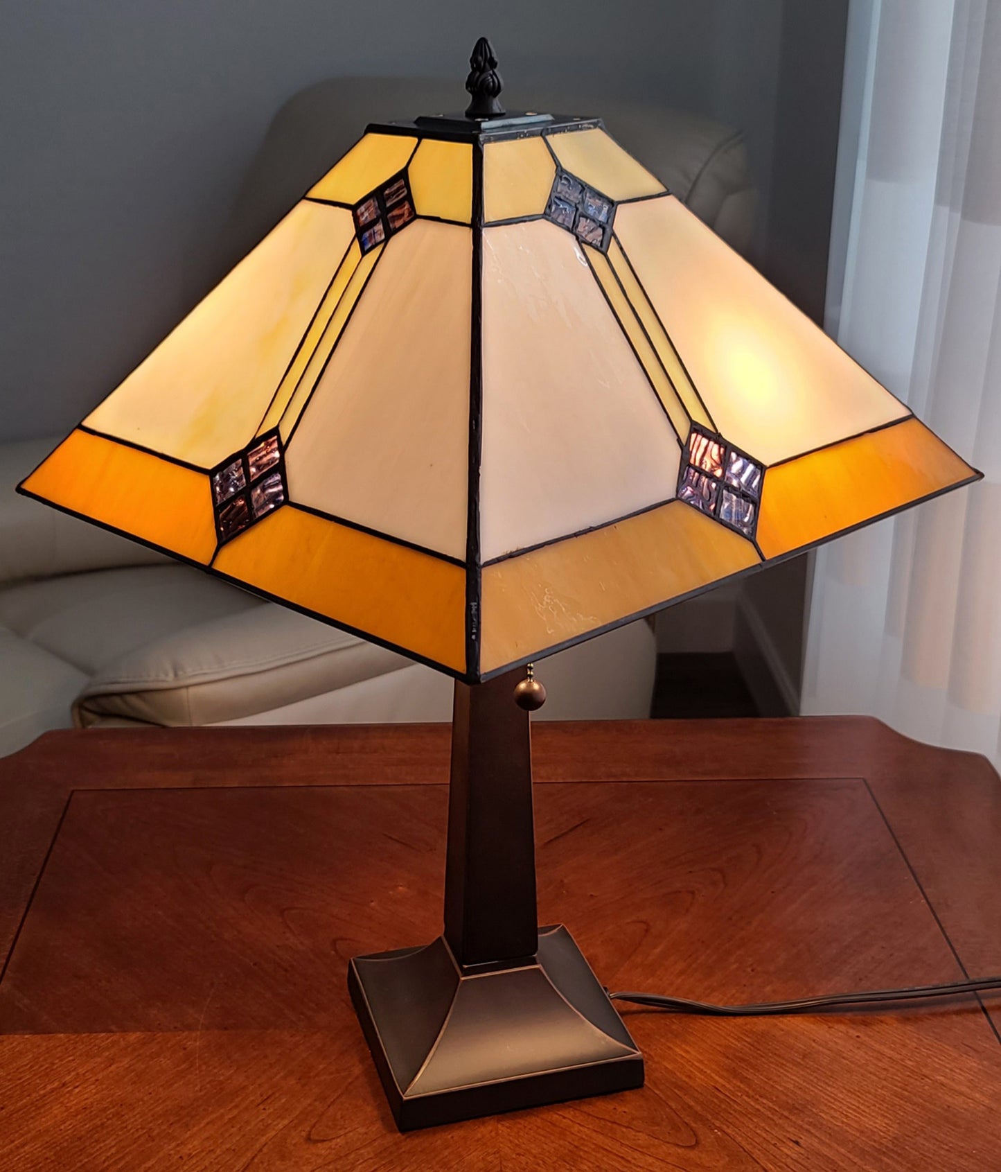 21" Amber Cream and Blue Stained Glass Two Light Mission Style Table Lamp