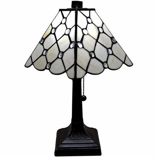 15" Tiffany Style White Stained Glass with Crystals Table Lamp