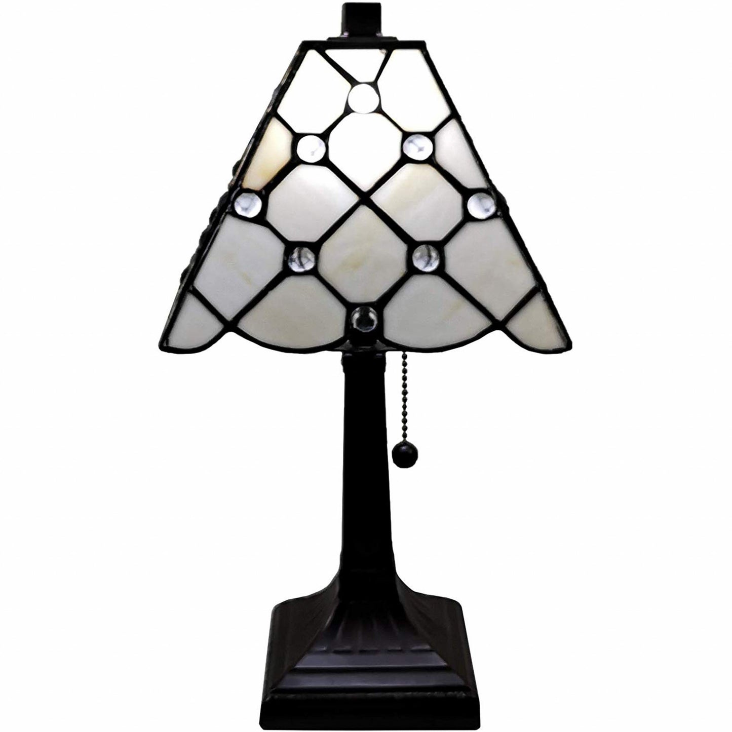 15" Tiffany Style White Stained Glass with Crystals Table Lamp