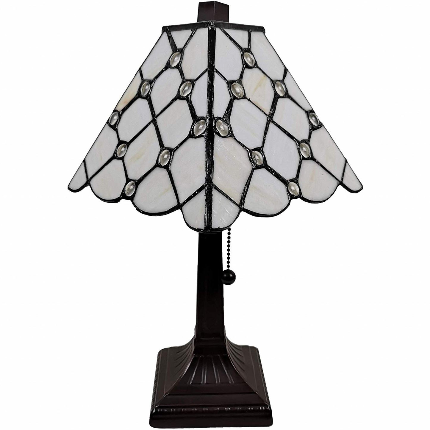 15" Tiffany Style White Stained Glass with Crystals Table Lamp