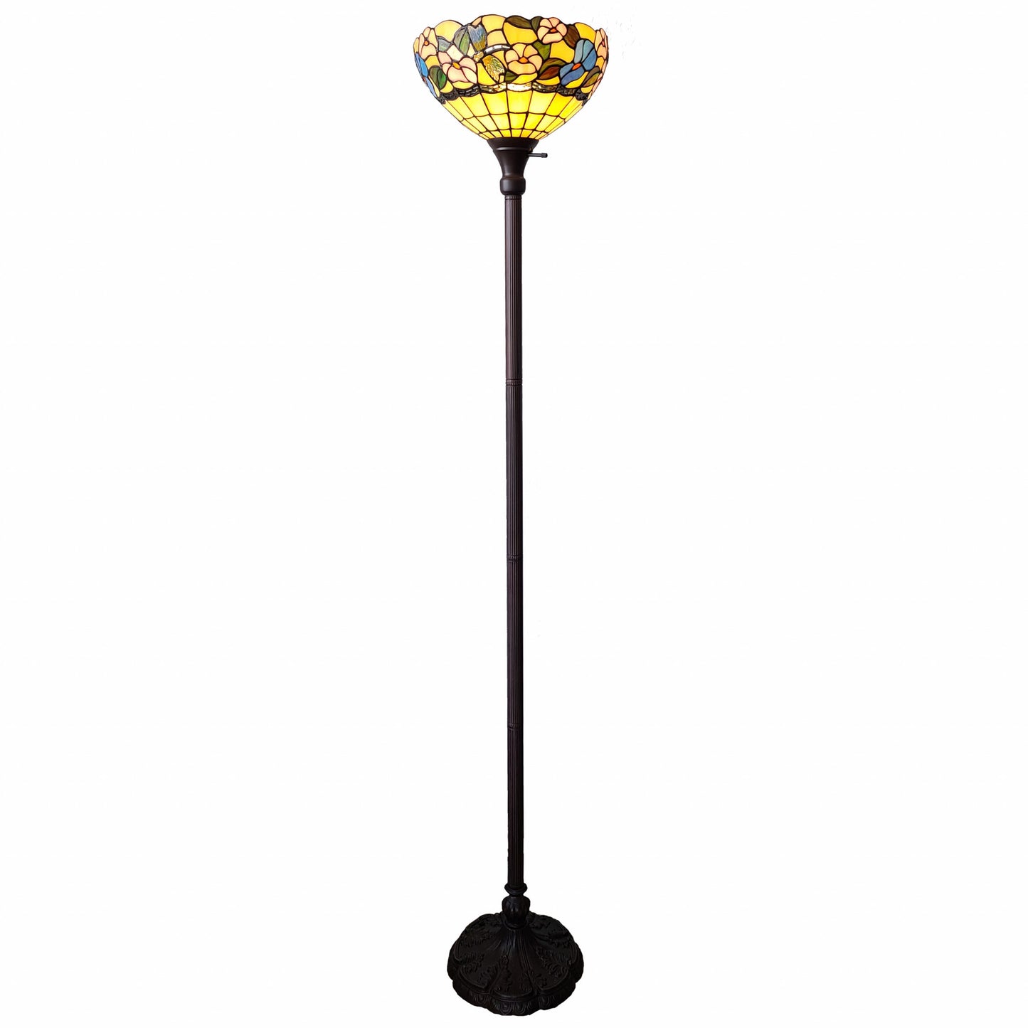 70" Brown Traditional Shaped Floor Lamp With Green And Brown Tiffany Glass Bowl Shade