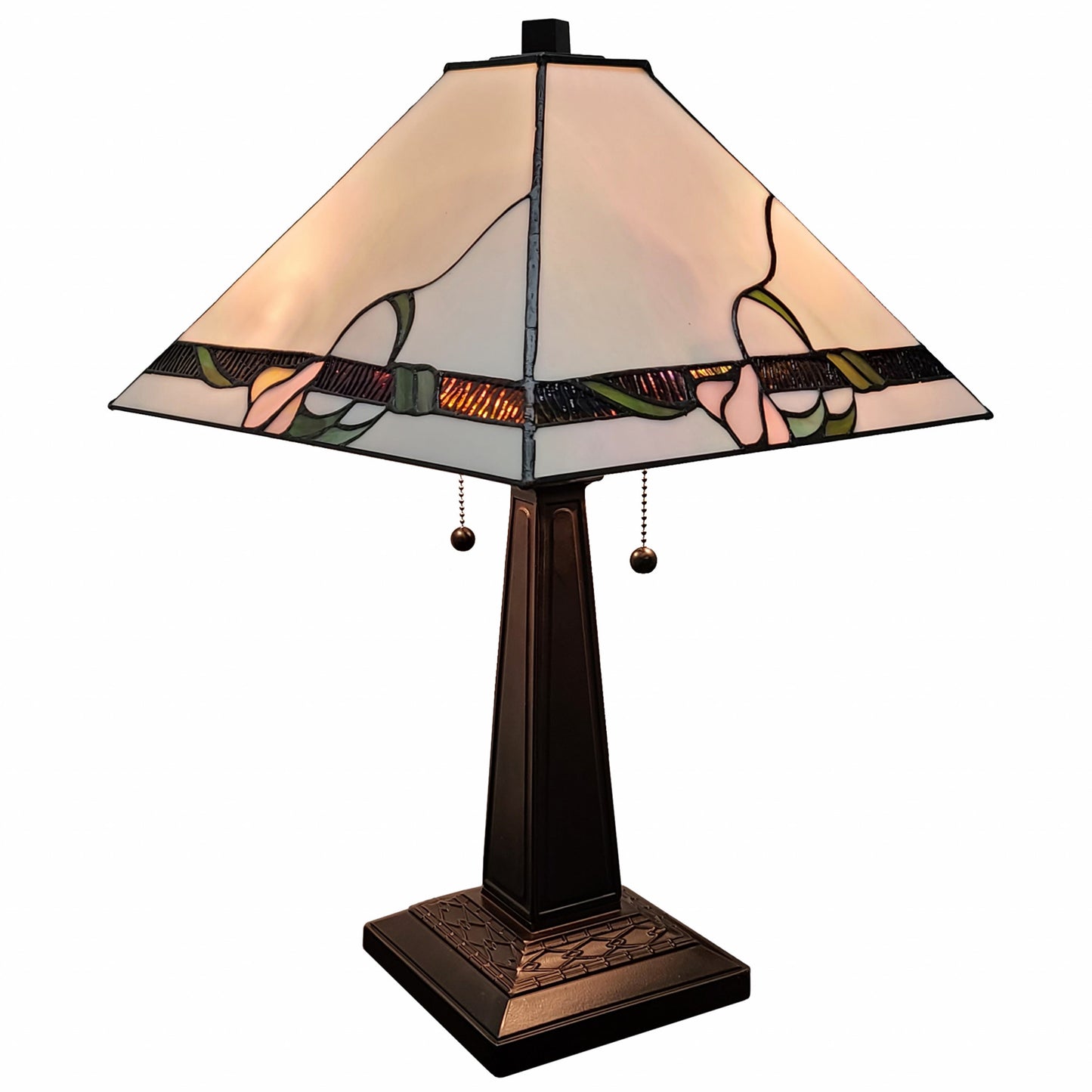 23" White Stained Glass Floral Two Light Mission Style Table Lamp