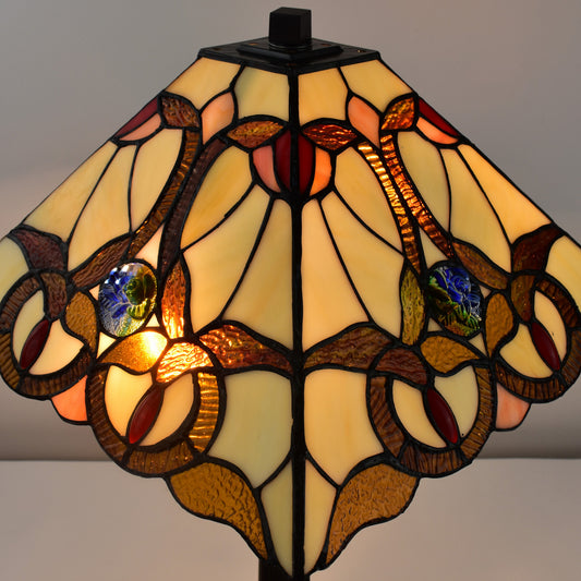 23" Cream Red and Blue Stained Glass Handcrafted Jeweled Two Light Mission Style Table Lamp