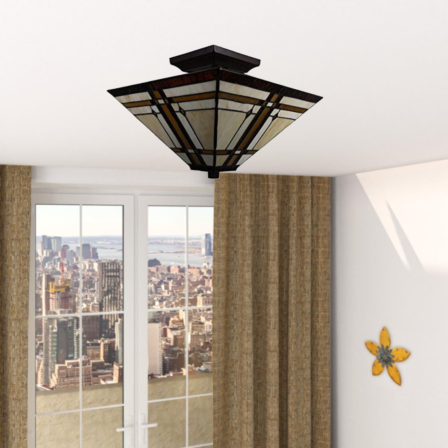 Brown and Amber Tiffany Style Mission Semi Flush Dimmable Ceiling Light