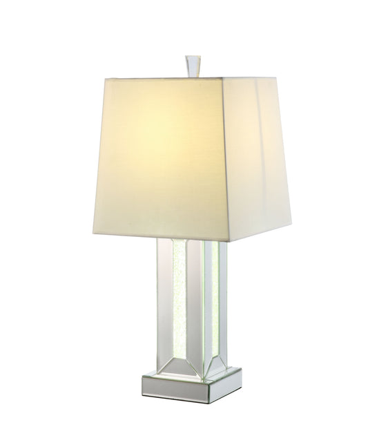 32" Mirrored Glass and Faux Crystal Table Lamp With White Square Shade