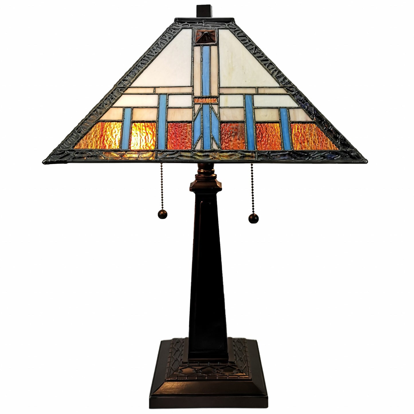 23" Cream Amber and Teal Stained Glass Two Light Mission Style Table Lamp