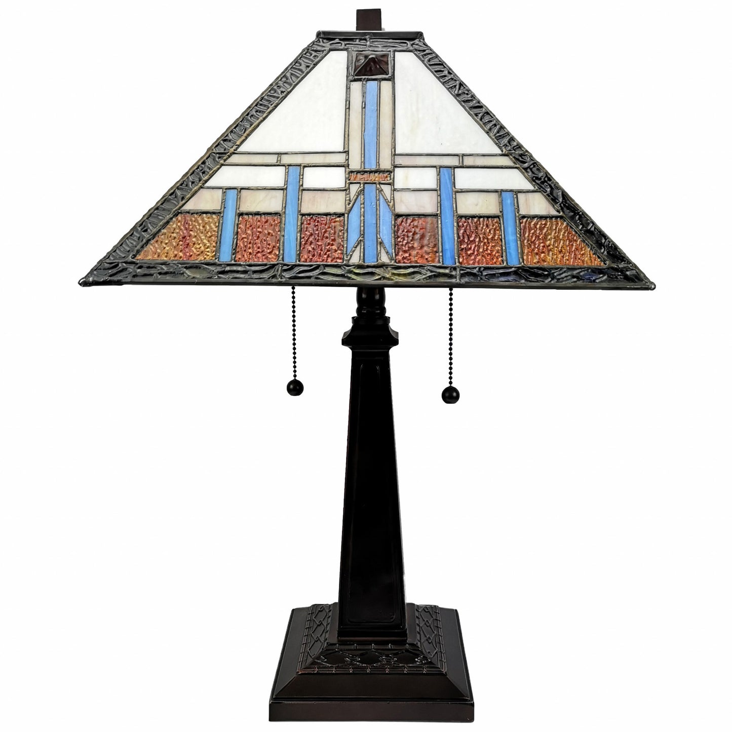 23" Cream Amber and Teal Stained Glass Two Light Mission Style Table Lamp