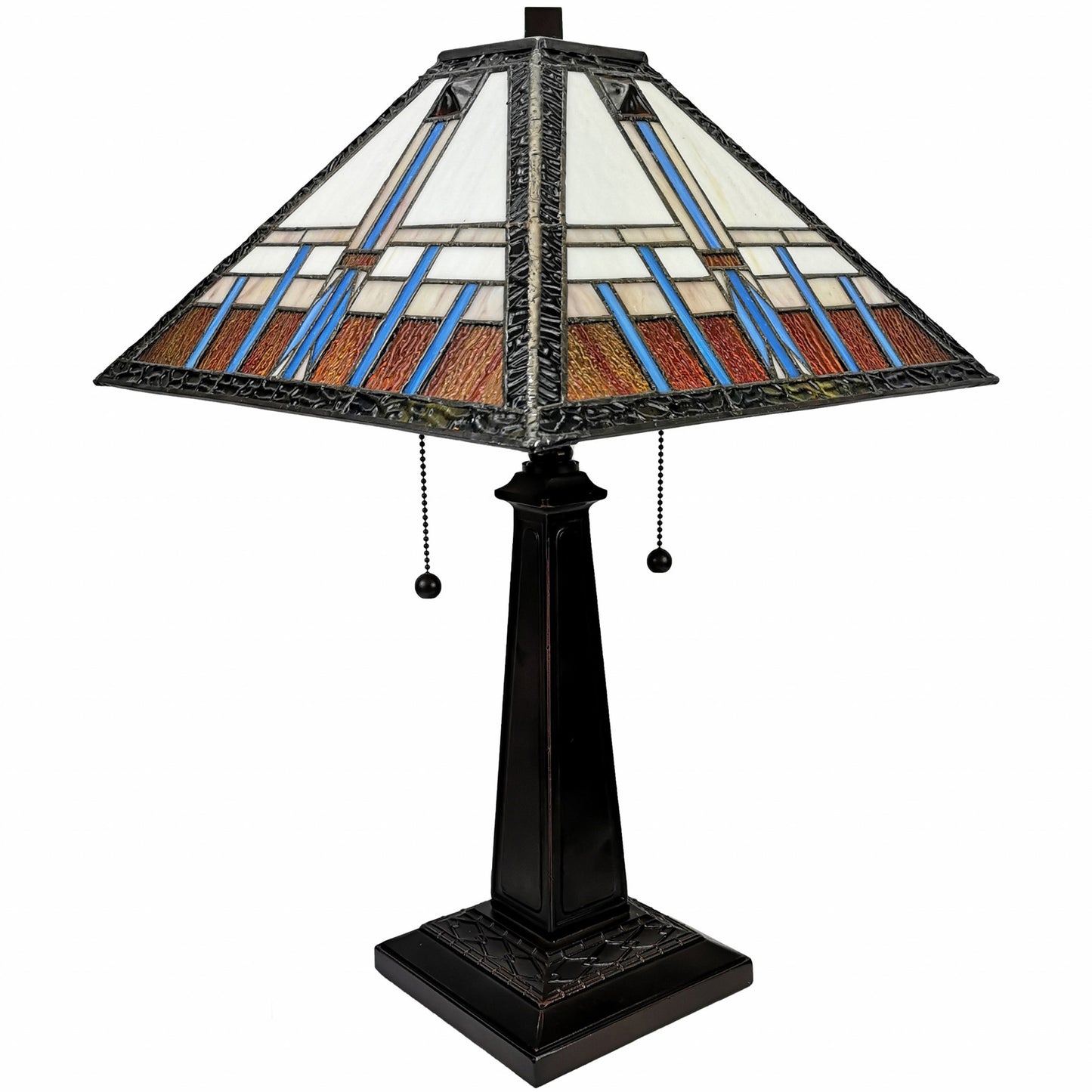 23" Cream Amber and Teal Stained Glass Two Light Mission Style Table Lamp