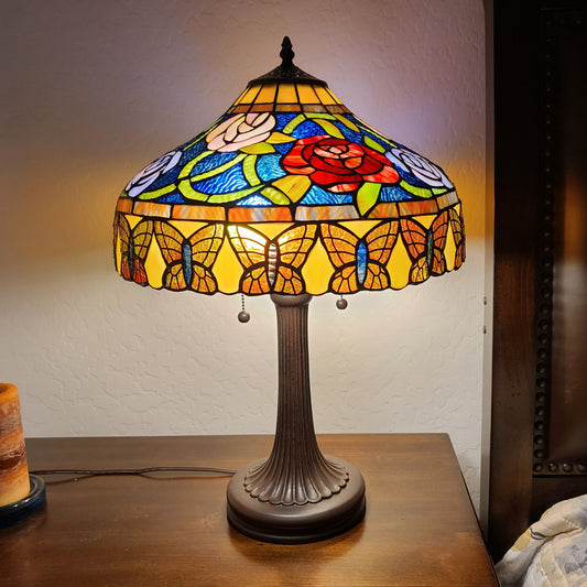 24" Stained Glass Red Roses Accent Table Lamp