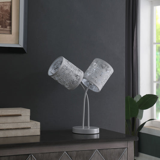 17" Light Gray Metal Two Light Bedside Table Lamp With Light Gray Abstract Drum Shade