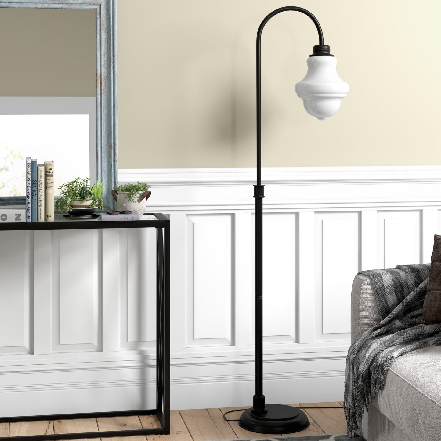 70" Black Arched Floor Lamp With White Frosted Glass Empire Shade