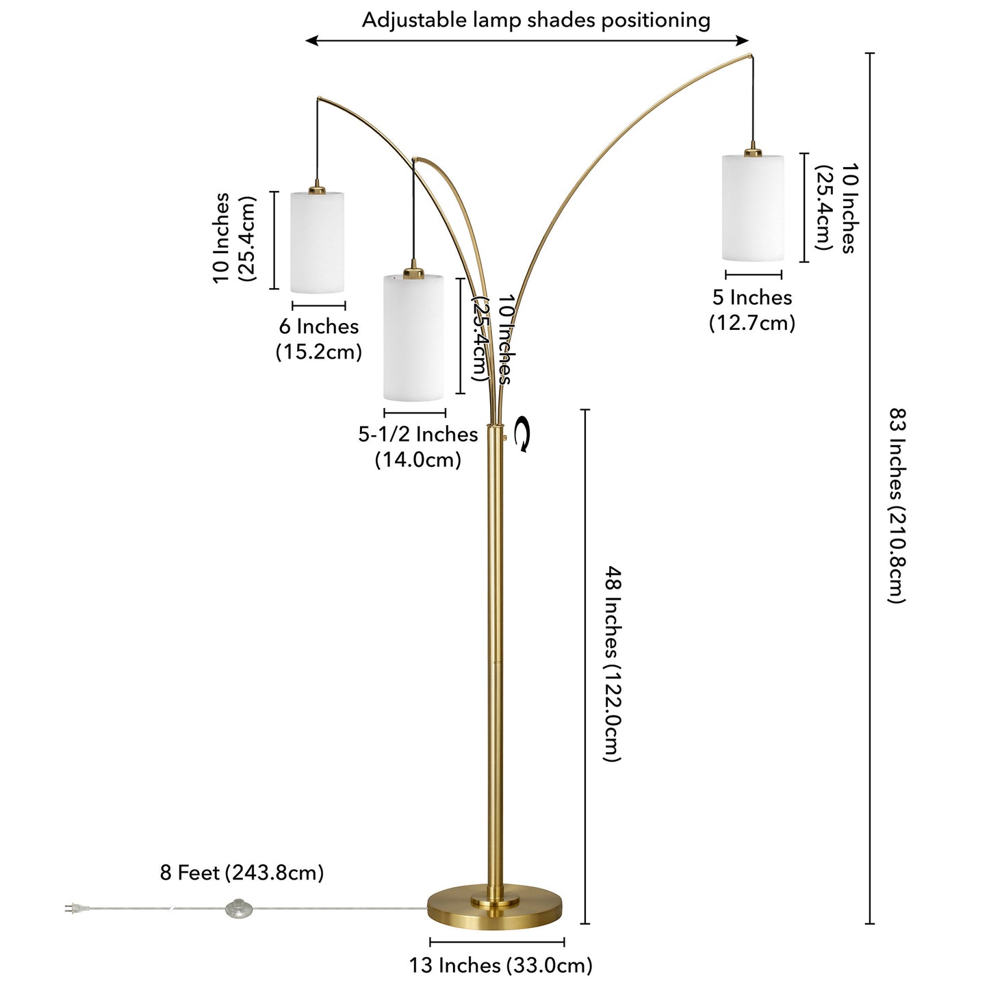 83" Brass Three Light Tree Floor Lamp With White Frosted Glass Drum Shade