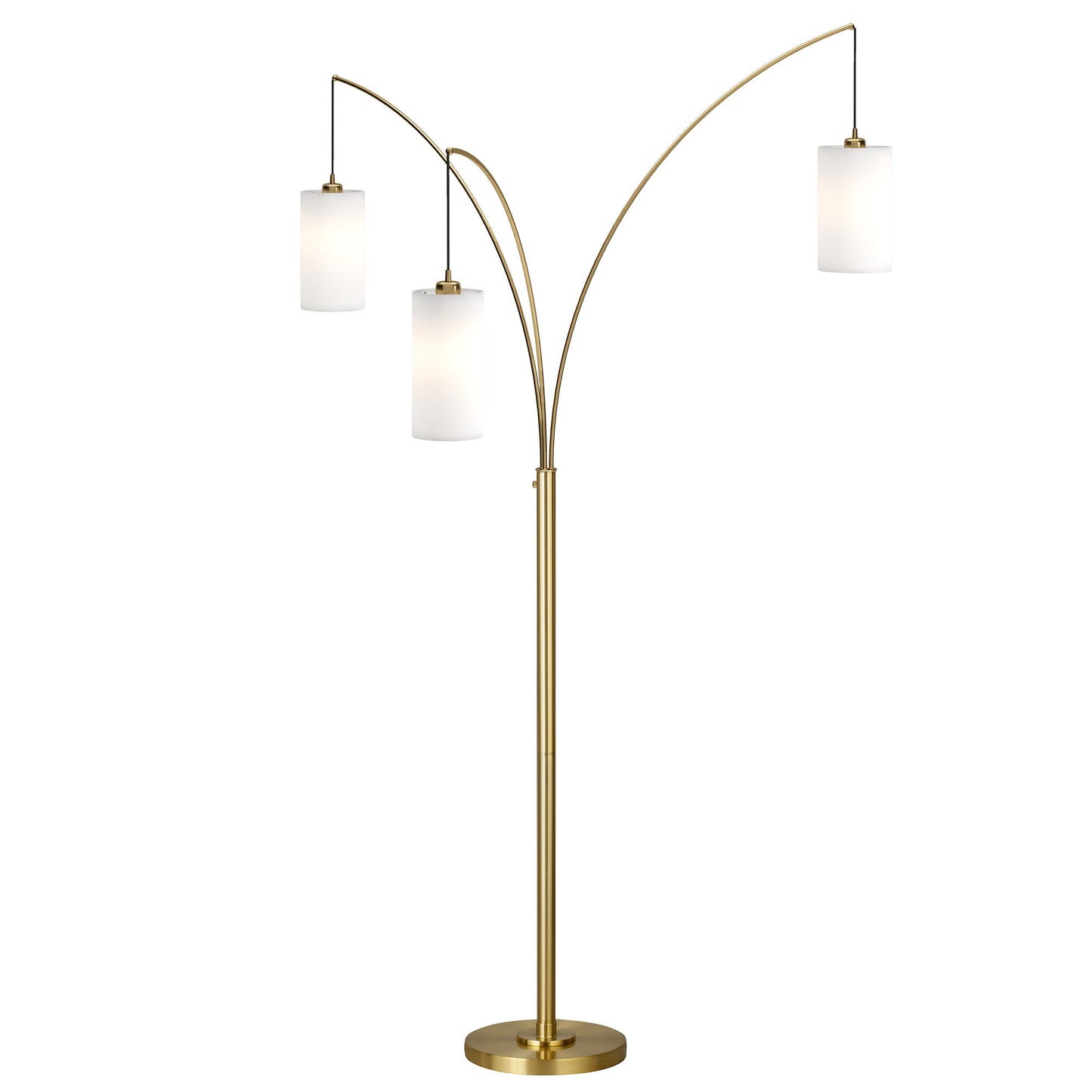 83" Brass Three Light Tree Floor Lamp With White Frosted Glass Drum Shade