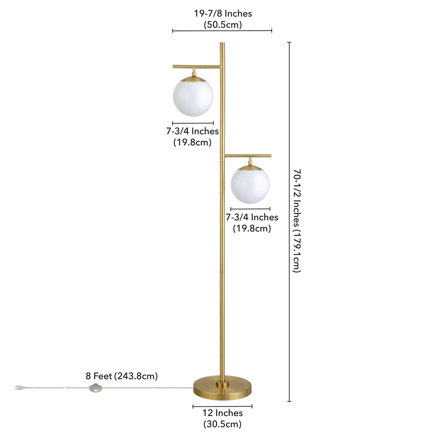 71" Brass Two Light Tree Floor Lamp With White Frosted Glass Globe Shade