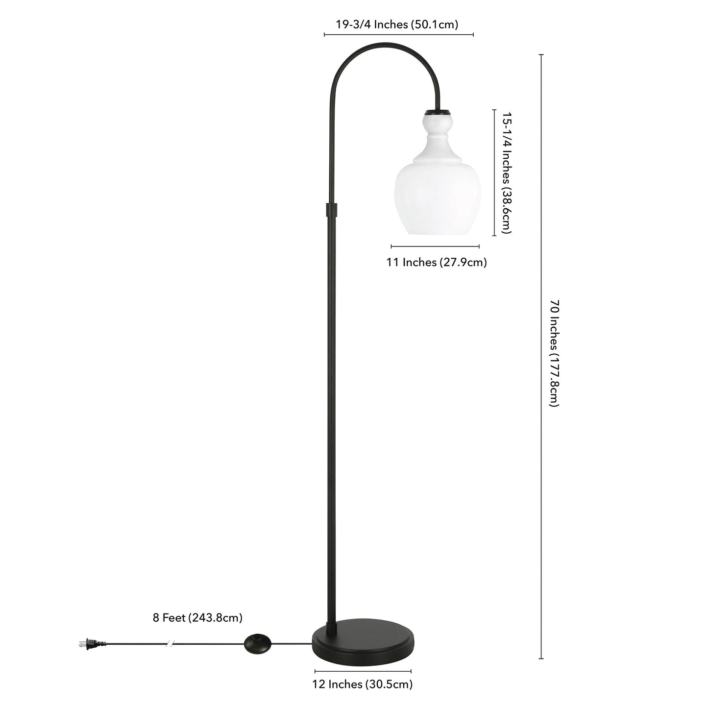 70" Black Arched Floor Lamp With White Frosted Glass Dome Shade