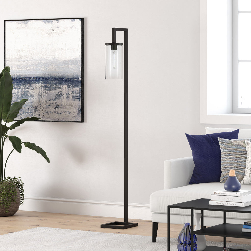 67" Black Reading Floor Lamp With Clear Transparent Glass Drum Shade