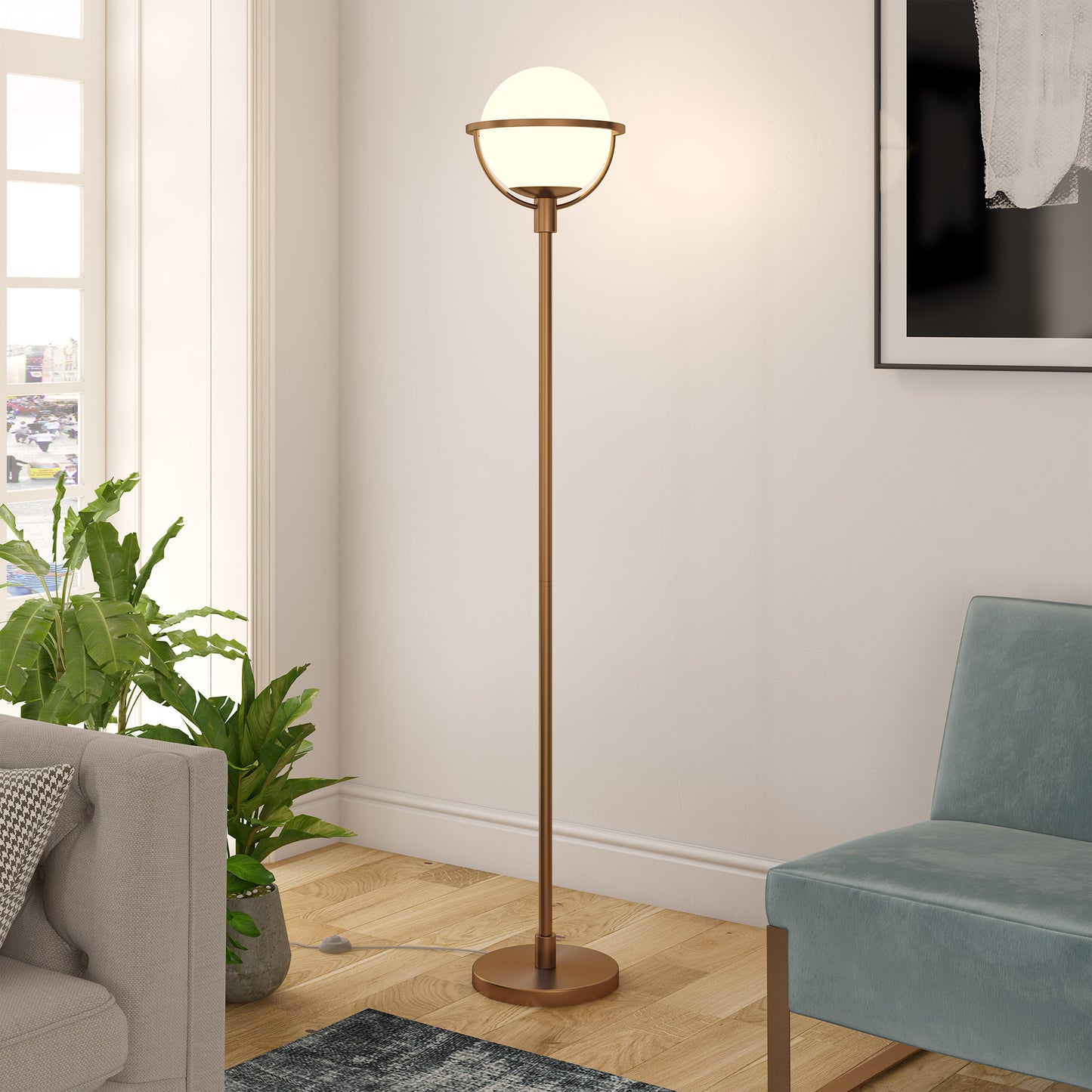 68" Brass Novelty Floor Lamp With White Frosted Glass Globe Shade