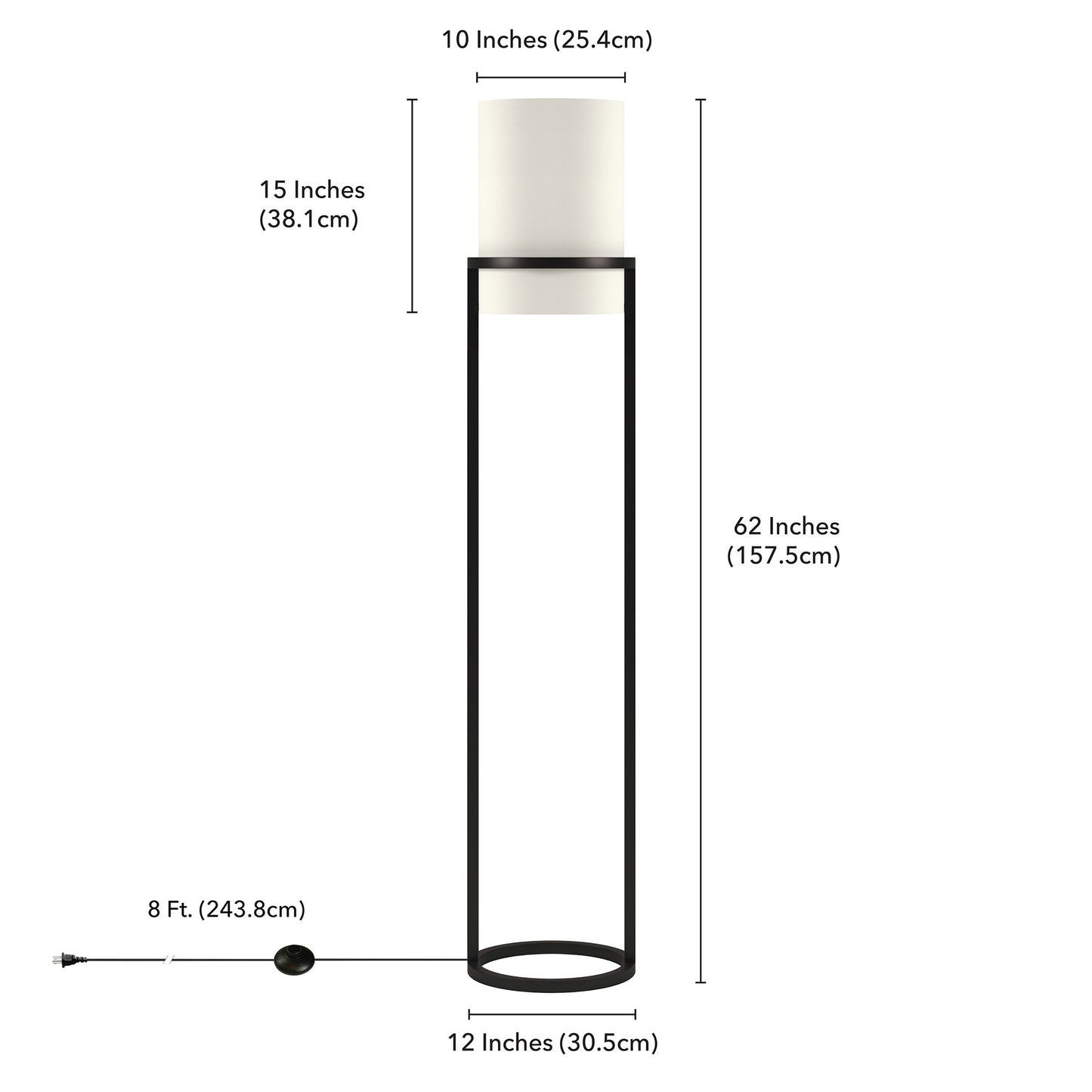 62" Black Column Floor Lamp With White Frosted Glass Drum Shade