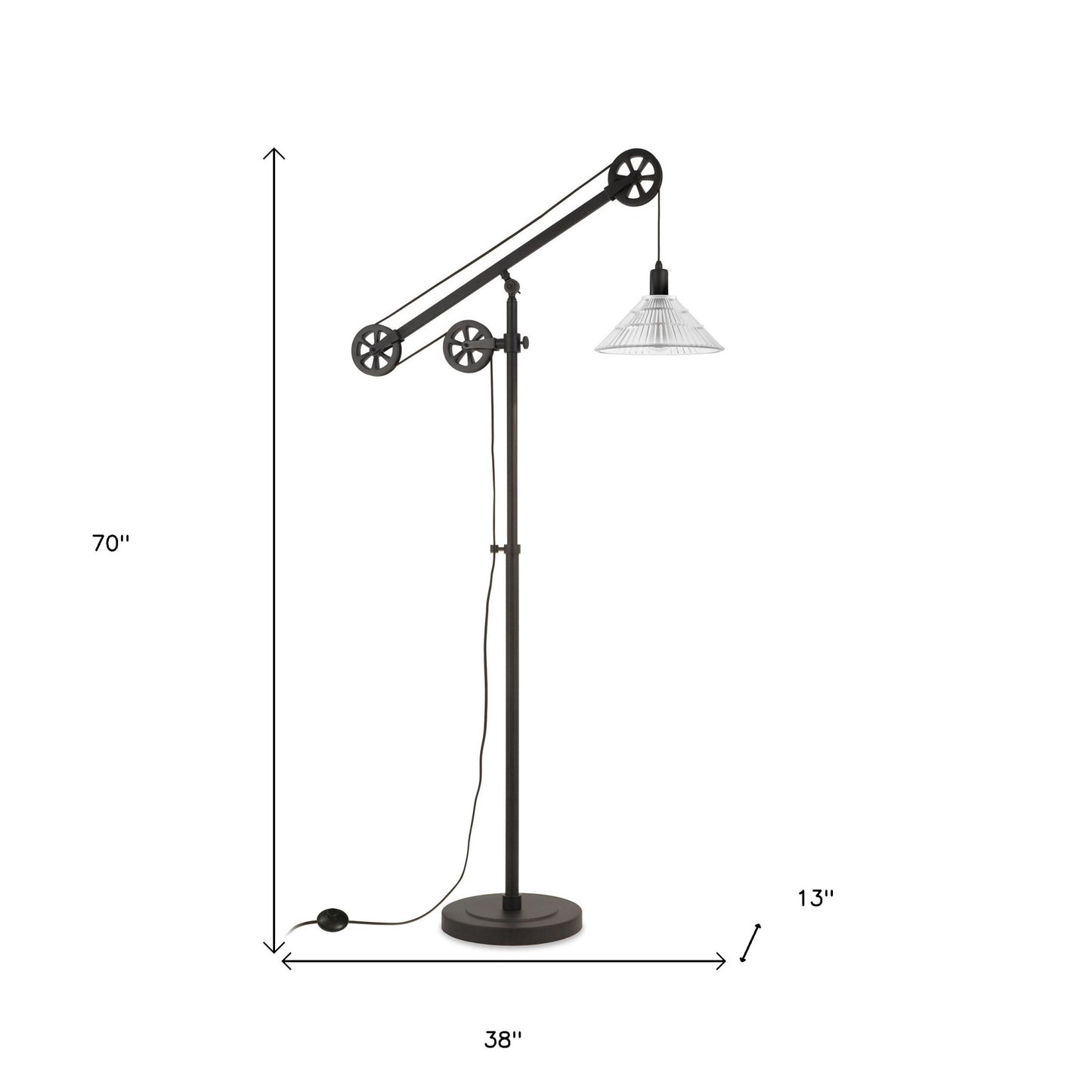 70" Black Reading Floor Lamp With Clear Transparent Glass Cone Shade