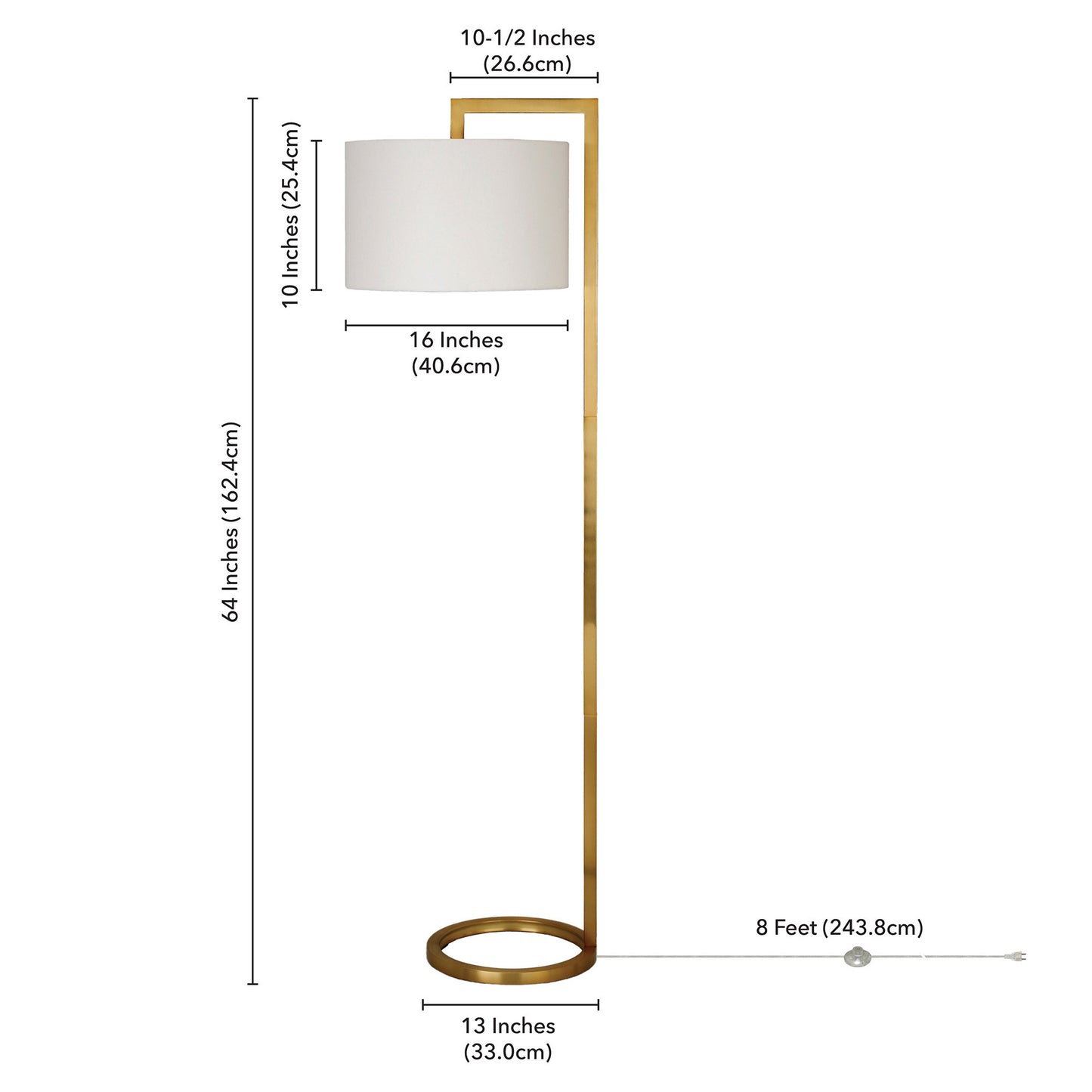 64" Brass Traditional Shaped Floor Lamp With White Frosted Glass Drum Shade