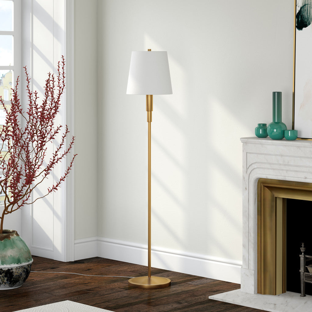 60" Brass Traditional Shaped Floor Lamp With White Frosted Glass Drum Shade