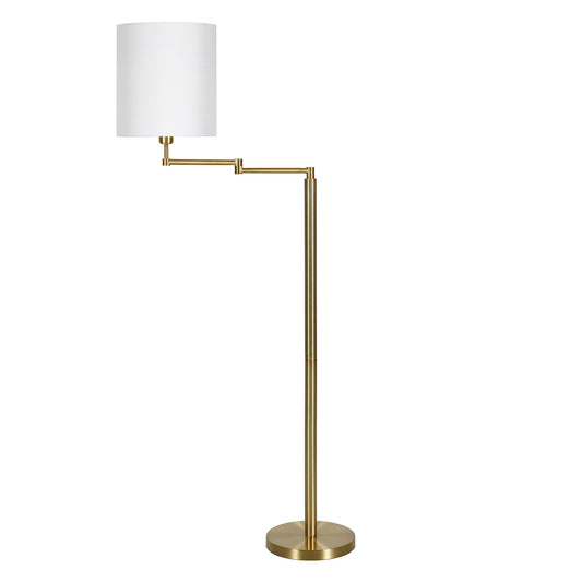 62" Brass Swing Arm Floor Lamp With White Frosted Glass Drum Shade