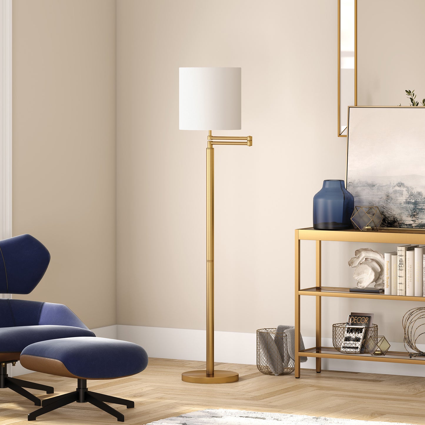 62" Brass Swing Arm Floor Lamp With White Frosted Glass Drum Shade