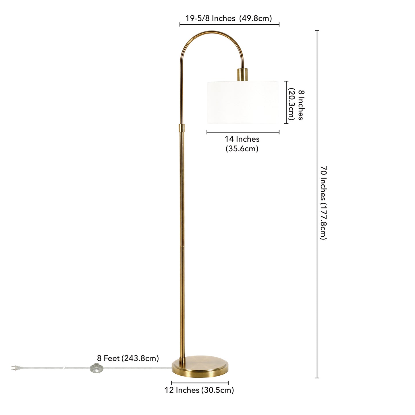 70" Brass Arched Floor Lamp With White Frosted Glass Drum Shade