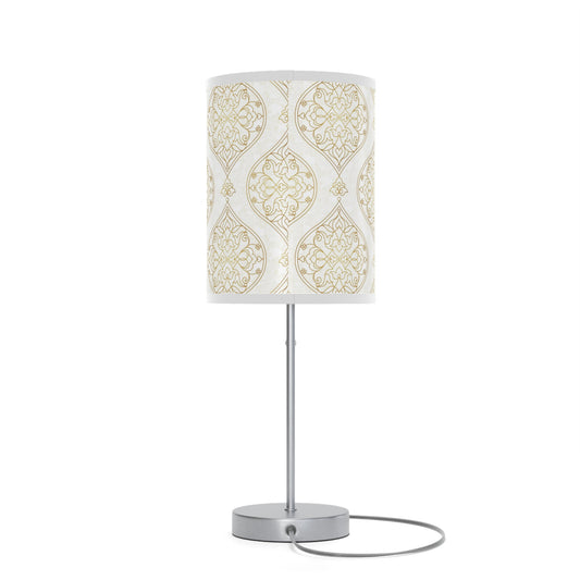 20" Silver Table Lamp With Gold And White Filigree Scroll Cylinder Shade