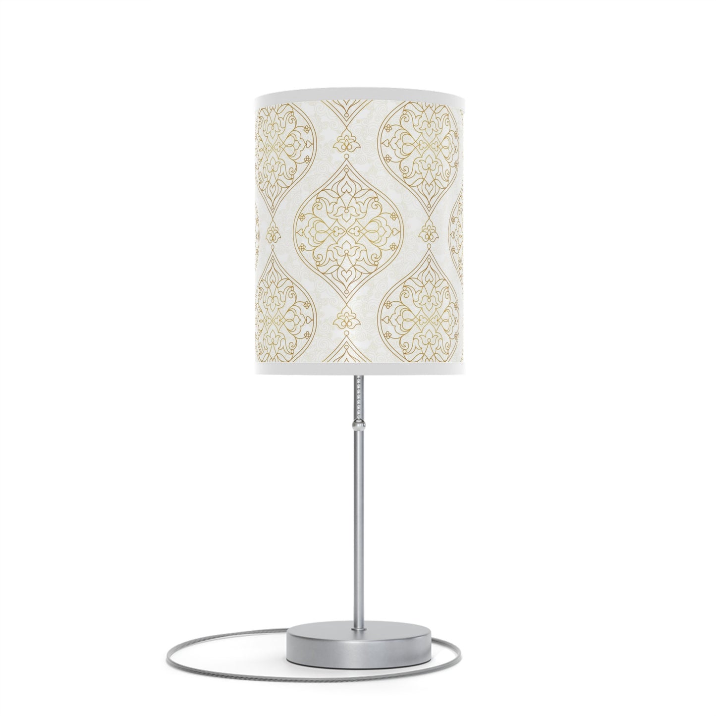 20" Silver Table Lamp With Gold And White Filigree Scroll Cylinder Shade