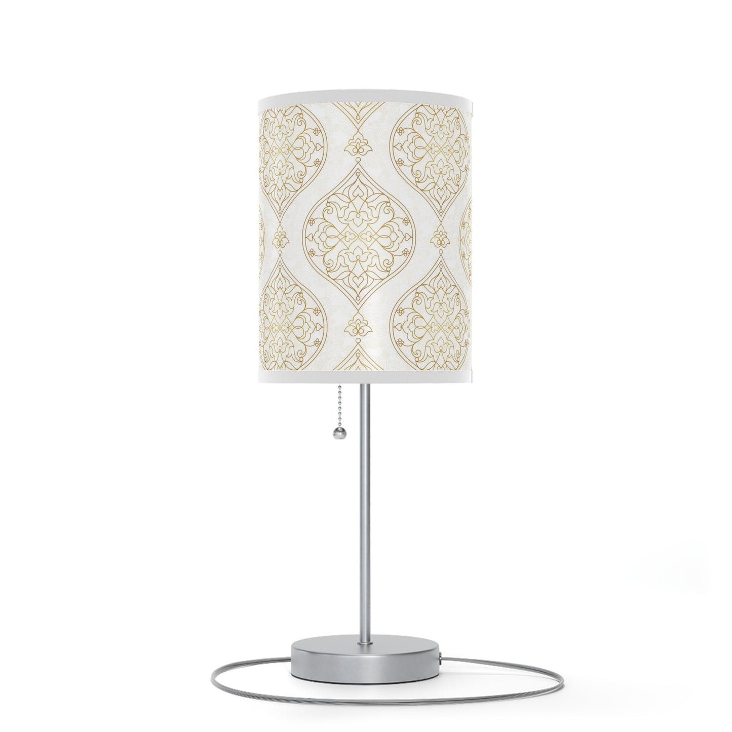 20" Silver Table Lamp With Gold And White Filigree Scroll Cylinder Shade