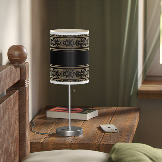 20" Silver Table Lamp With Black And Gold Striped Scroll Cylinder Shade